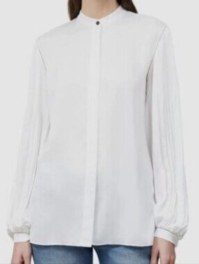 Lafayette 148 Women's White Layla Plisse Sleeve Button-up Blouse Top Size M